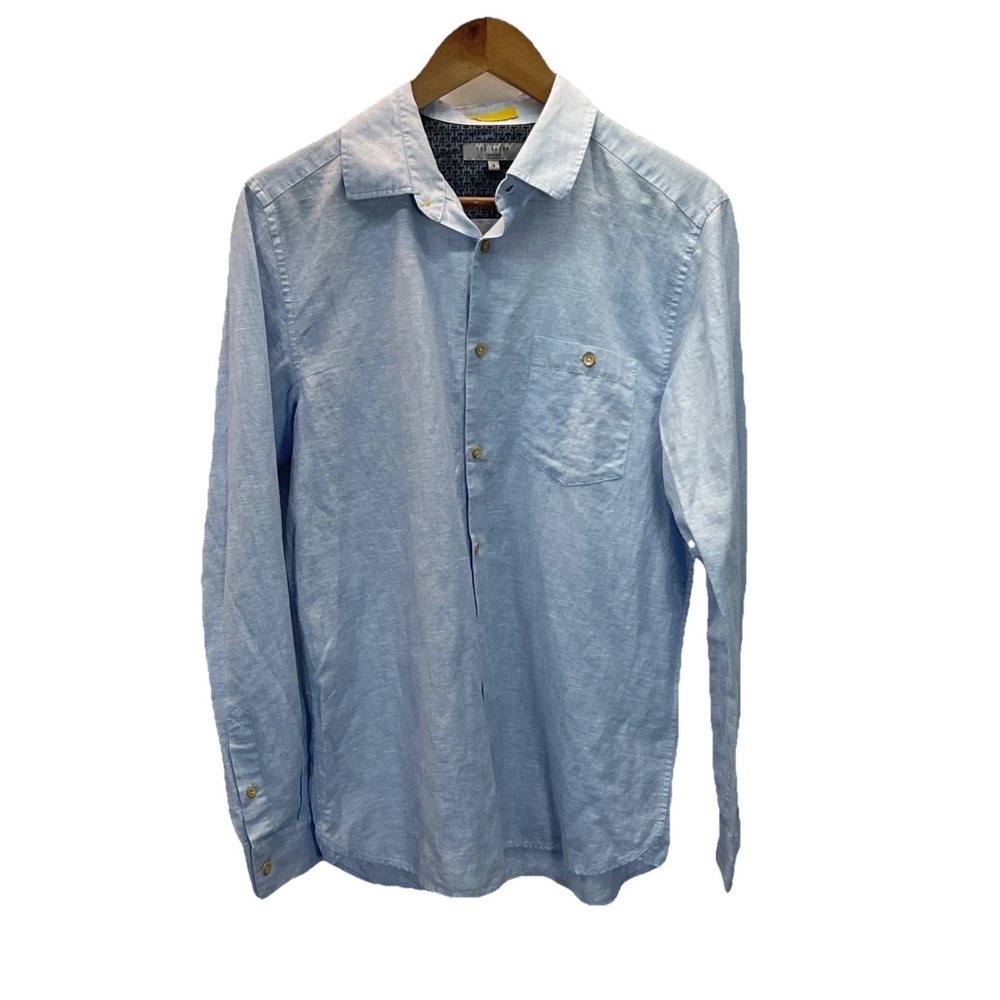 Ted Baker Shirt Mens M Size 3 Blue Long Sleeve Button Down Linen Blend Travel
